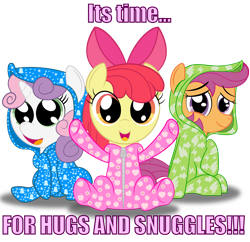 Size: 3100x3000 | Tagged: safe, artist:spellboundcanvas, imported from derpibooru, apple bloom, scootaloo, sweetie belle, adorabloom, bronybait, clothes, cute, cutealoo, cutie mark crusaders, diasweetes, footed sleeper, imma snuggle you, pajamas