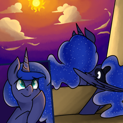 Size: 2500x2500 | Tagged: safe, artist:themodpony, imported from derpibooru, princess luna, cloud, commission, female, hoof on cheek, solo, sun, sunrise