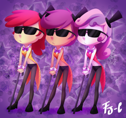 Size: 800x750 | Tagged: safe, artist:fj-c, imported from derpibooru, apple bloom, scootaloo, sweetie belle, equestria girls, belly button, cutie mark crusaders, hat, midriff, sunglasses