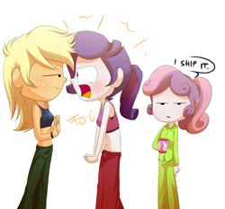Size: 1500x1400 | Tagged: safe, artist:fj-c, imported from derpibooru, applejack, rarity, sweetie belle, equestria girls, angry, belly button, blushing, clothes, female, i ship it, lesbian, midriff, mug, pajamas, rarijack, shipper on deck, shipping, sports bra, sweetie the shipper