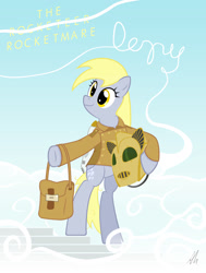 Size: 1170x1550 | Tagged: safe, artist:lightf4lls, imported from derpibooru, derpy hooves, pony, bag, bipedal, clothes, costume, crossover, female, jetpack, solo, the rocketeer