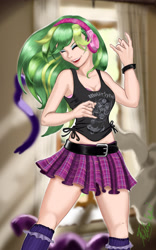 Size: 1998x3200 | Tagged: safe, artist:aspirantedeartista, imported from derpibooru, lemon zest, equestria girls, friendship games, air guitar, belt, bracelet, breasts, clothes, crystal prep shadowbolts, devil horn (gesture), eyes closed, female, headphones, heavy metal, human coloration, jewelry, knotted, listening, metal as fuck, midriff, motorhead, music, open mouth, pleated skirt, signature, skirt, solo