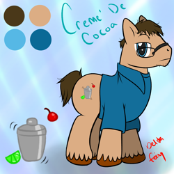 Size: 720x720 | Tagged: safe, artist:deltafairy, imported from derpibooru, oc, oc only, oc:creme' de cocoa, pony, bartender, male, reference sheet, solo, stallion