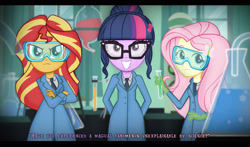 Size: 1853x1086 | Tagged: safe, artist:invisibleink, imported from derpibooru, fluttershy, sci-twi, sunset shimmer, twilight sparkle, equestria girls, friendship games, clothes, crossed arms, crossover, cute, ghostbusters, glasses, gloves, hands behind back, laboratory, latex gloves, parody, rubber gloves, safety goggles, science, scientist, smiling, test tube, twiabetes