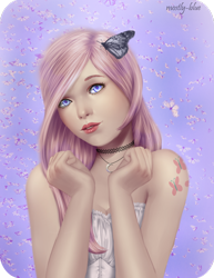 Size: 800x1034 | Tagged: safe, artist:mostly-blue, imported from derpibooru, fluttershy, butterfly, human, alternative cutie mark placement, female, humanized, jewelry, looking at you, necklace, shoulder cutie mark, solo