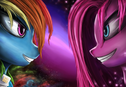 Size: 2600x1800 | Tagged: safe, artist:cryptic-dash, artist:crypticdash, imported from derpibooru, pinkie pie, rainbow dash, looking at each other, pinkamena diane pie