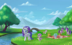 Size: 1900x1200 | Tagged: safe, artist:emeraldgalaxy, imported from derpibooru, rarity, spike, starlight glimmer, sweetie belle, twilight sparkle, alicorn, pony, picnic, picnic table, scenery, twilight sparkle (alicorn)