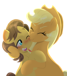 Size: 3000x3400 | Tagged: safe, artist:marukouhai, imported from derpibooru, applejack, caramel, earth pony, pony, bipedal, blushing, carabetes, carajack, cheek kiss, cute, eyes closed, female, hug, jackabetes, kiss on the cheek, kissing, kissy face, male, mare, nose wrinkle, one eye closed, rearing, shipping, simple background, sitting, size difference, smiling, stallion, straight, white background, wink