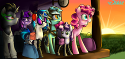 Size: 3000x1420 | Tagged: safe, artist:jedayskayvoker, imported from derpibooru, dj pon-3, king sombra, lyra heartstrings, pinkie pie, sweetie belle, twilight sparkle, vinyl scratch, cyborg, earth pony, pony, unicorn, fanfic:everycyber, amputee, fanfic art, female, filly, prosthetics, raised hoof