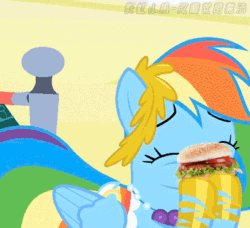 Size: 399x364 | Tagged: safe, artist:小凱, edit, edited screencap, imported from derpibooru, screencap, rainbow dash, animated, burger, chinese, female, food, hamburger, solo