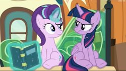 Size: 2531x1427 | Tagged: safe, imported from derpibooru, screencap, starlight glimmer, twilight sparkle, alicorn, pony, the times they are a changeling, annoyed, duo, duo female, female, magic, telekinesis, twilight is not amused, twilight sparkle (alicorn), twilight sparkle is not amused