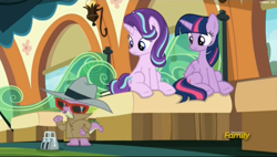 Size: 2527x1431 | Tagged: safe, imported from derpibooru, screencap, spike, starlight glimmer, twilight sparkle, alicorn, pony, the times they are a changeling, clothes, cute, disguise, hat, sitting, trenchcoat, twilight sparkle (alicorn)