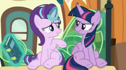 Size: 1671x926 | Tagged: safe, imported from derpibooru, screencap, starlight glimmer, twilight sparkle, alicorn, pony, the times they are a changeling, annoyed, duo, duo female, female, twilight is not amused, twilight sparkle (alicorn), twilight sparkle is not amused, unamused