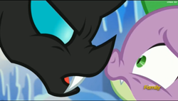 Size: 2527x1439 | Tagged: safe, imported from derpibooru, screencap, spike, thorax, changeling, the times they are a changeling, best friends, boop, fangs, frown, glare, nose wrinkle, noseboop, open mouth, wide eyes