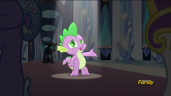 Size: 1920x1080 | Tagged: safe, imported from derpibooru, screencap, shining armor, spike, thorax, changeling, the times they are a changeling, a changeling can change, royal guard, singing, spotlight