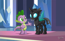 Size: 2560x1600 | Tagged: safe, artist:mysticalpha, imported from derpibooru, spike, thorax, changeling, dragon, the times they are a changeling, duo, male, scene interpretation