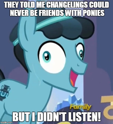 Size: 500x546 | Tagged: safe, edit, edited screencap, imported from derpibooru, screencap, crystal hoof, thorax, changeling, pony, the times they are a changeling, caption, crystal hoof didn't listen, disguise, disguised changeling, exploitable meme, i didn't listen, image macro, male, meme, stallion