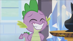 Size: 458x256 | Tagged: safe, imported from derpibooru, screencap, spike, the times they are a changeling, discovery family logo, fangs, male, smiling, solo