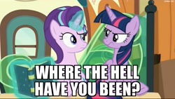 Size: 2531x1427 | Tagged: safe, edit, edited screencap, imported from derpibooru, screencap, starlight glimmer, twilight sparkle, alicorn, pony, the times they are a changeling, caption, image macro, meme, no-showlight glimmer, twilight sparkle (alicorn)