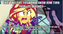 Size: 800x429 | Tagged: safe, edit, edited screencap, imported from derpibooru, screencap, sci-twi, sunset shimmer, twilight sparkle, equestria girls, friendship games, caption, drama bait, image macro, meme, mouthpiece, op is a duck, politics, religion, sunset yells at twilight