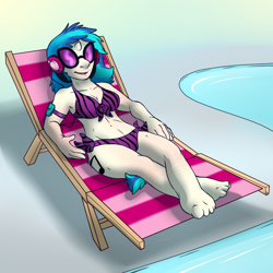 Size: 1000x1000 | Tagged: safe, artist:aggrobadger, imported from derpibooru, dj pon-3, vinyl scratch, anthro, plantigrade anthro, barefoot, belly button, bikini, clothes, feet, human to anthro, human to pony, solo, swimming pool, swimsuit, transformation