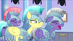 Size: 1280x720 | Tagged: safe, imported from derpibooru, screencap, crystal pony, pegasus, pony, the times they are a changeling, armor, crystal guard, crystal guard armor, laughing, lip bite, male, stallion