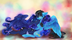 Size: 3840x2160 | Tagged: safe, artist:chocori, artist:dream--chan, imported from derpibooru, princess luna, oc, oc:lightning crash, canon x oc, commission, eyes closed, hug, shipping, sleeping