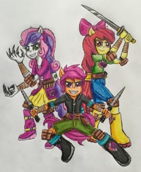 Size: 1991x2413 | Tagged: safe, artist:bozzerkazooers, imported from derpibooru, apple bloom, scootaloo, sweetie belle, equestria girls, balisong, boots, claws, cutie mark crusaders, ninja, ponied up, shoes, sword, traditional art, weapon