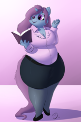 Size: 1204x1821 | Tagged: safe, artist:093, imported from derpibooru, oc, oc only, oc:plump pumpkin, anthro, unicorn, anthro oc, bbw, book, breasts, chubby, cleavage, clothes, fat, female, glasses, solo, teacher