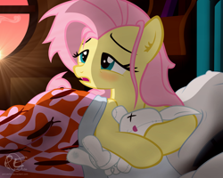 Size: 2000x1600 | Tagged: safe, artist:ponyecho, imported from derpibooru, part of a set, fluttershy, pegasus, pony, bed, bed hair, blanket, blushing, crepuscular rays, cute, ear fluff, female, holding, lidded eyes, mare, messy mane, morning ponies, open mouth, pillow, plushie, ponyecho is trying to murder us, show accurate, shyabetes, sleepy, solo, stray strand, sunrise, sweet dreams fuel, window