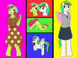 Size: 1600x1200 | Tagged: safe, artist:timidwithapen, imported from derpibooru, oc, oc only, oc:emerald cook, oc:rose flowers, anthro, pegasus, unguligrade anthro, unicorn, clothes, flower, food, freckles, ice cream, transgender