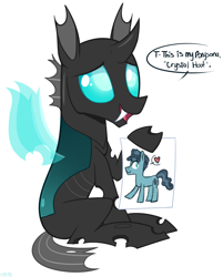 Size: 1945x2416 | Tagged: safe, artist:higgly-chan, imported from derpibooru, crystal hoof, thorax, oc, oc only, changeling, crystal pony, pony, the times they are a changeling, adorkable, cute, cuteling, dialogue, disguise, disguised changeling, dork, drawing, fangs, holding, hoof hold, male, open mouth, paper, ponysona, simple background, smiling, solo, speech bubble, thorabetes, white background
