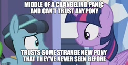 Size: 988x500 | Tagged: safe, edit, edited screencap, imported from derpibooru, screencap, crystal hoof, spike, thorax, twilight sparkle, alicorn, changeling, crystal pony, pony, the times they are a changeling, caption, disguise, disguised changeling, duo, fridge logic, image macro, male, meme, silly, silly pony, stallion, twilight sparkle (alicorn)