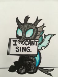 Size: 1024x1365 | Tagged: safe, artist:aperaturescience, imported from derpibooru, thorax, changeling, the times they are a changeling, bob dylan, male, mouth hold, sign, solo, song reference, subterranean homesick blues, traditional art