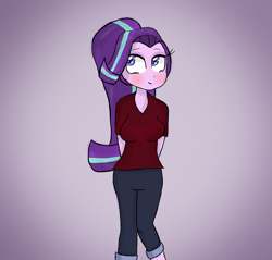 Size: 1049x1004 | Tagged: safe, artist:mildockart, imported from derpibooru, starlight glimmer, equestria girls, blushing, breasts, clothes, cute, equestria girls-ified, female, glimmerbetes, pants, ponytail, smiling, solo