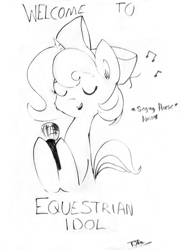 Size: 930x1292 | Tagged: safe, artist:tjpones, artist:tjpones edits, edit, imported from derpibooru, oc, oc only, pony, unicorn, black and white, bronycan, descriptive noise, eyes closed, grayscale, horse noises, meme, microphone, monochrome, music notes, simple background, sketch, text, white background