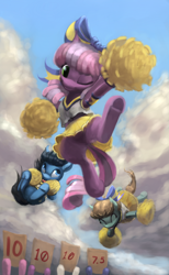 Size: 630x1020 | Tagged: safe, artist:bakuel, imported from derpibooru, cheerilee, earth pony, pony, the cart before the ponies, cheerileeder, cheerleader, clothes, colt, eyes closed, featureless crotch, female, filly, hair bow, male, mare, one eye closed, pleated skirt, pom pom, score, score cards, skirt, skirt lift, smiling, tongue out, upskirt, wink