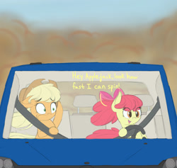 Size: 2000x1899 | Tagged: safe, artist:vanillaghosties, imported from derpibooru, apple bloom, applejack, earth pony, pony, friendship is witchcraft, bow, car, deja vu, driving, duo, dust, female, filly, funny, initial d, mare, open mouth, scared, seatbelt, smiling, talking, this will end in tears, this will end in tears and/or death, worried