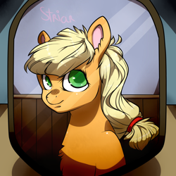 Size: 3000x3000 | Tagged: safe, artist:striar, imported from derpibooru, applejack, bust, female, portrait, solo