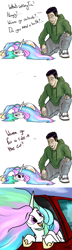 Size: 1280x4416 | Tagged: safe, artist:greyscaleart, imported from derpibooru, princess celestia, oc, oc:human grey, alicorn, human, pony, ..., atg 2016, behaving like a dog, bored, car, clothes, comic, cute, cutelestia, dialogue, eye contact, female, horseshoes, looking at each other, mare, missing accessory, newbie artist training grounds, pants, pony pet, prone, sad, shoes, smiling, sneakers, sweater, sweatpants, weapons-grade cute, windswept mane