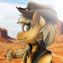 Size: 2000x2000 | Tagged: safe, artist:kukotte, imported from derpibooru, applejack, chest fluff, clothes, ear fluff, female, grin, smiling, solo, vest, windswept mane