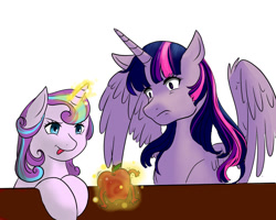 Size: 1024x819 | Tagged: safe, artist:varshacoro, imported from derpibooru, princess flurry heart, twilight sparkle, alicorn, pony, apple, food, magic, spell, spread wings, tongue out, twilight sparkle (alicorn), what has magic done, wide eyes