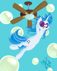 Size: 600x750 | Tagged: safe, artist:malwinters, imported from derpibooru, dj pon-3, vinyl scratch, ceiling fan, female, hanging, newbie artist training grounds, open mouth, smiling, solo, swinging, this will end in pain