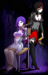 Size: 1288x2000 | Tagged: safe, artist:jonfawkes, imported from derpibooru, rarity, oc, oc:diamonrare, human, series:spike meets the clones, angry, arm behind back, bondage, boots, breasts, chair, cleavage, clothes, commission, dress, duo, element of generosity, female, flats, glare, gritted teeth, hands behind back, high heels, humanized, red eyes, ropes, sitting, smirk, thigh boots, tied to chair, tied up