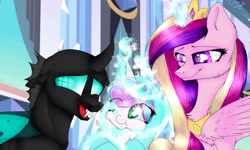 Size: 2000x1200 | Tagged: safe, artist:coolmoonxx, imported from derpibooru, princess cadance, princess flurry heart, thorax, changeling, the times they are a changeling, magic, scene interpretation, telekinesis