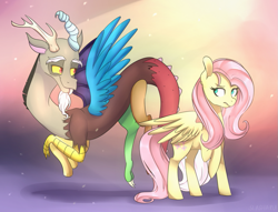 Size: 1023x783 | Tagged: safe, artist:slasharu, imported from derpibooru, discord, fluttershy, duo, flying, frown, looking at each other, raised hoof