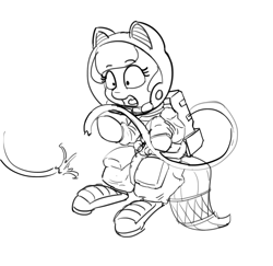 Size: 1280x1243 | Tagged: safe, artist:pabbley, imported from derpibooru, oc, oc only, accident, astronaut, hose, monochrome, newbie artist training grounds, sketch, solo, space, spacesuit, this will end in death