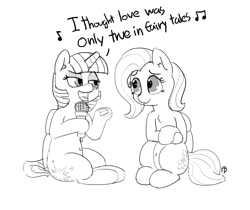 Size: 1280x1075 | Tagged: safe, artist:pabbley, imported from derpibooru, fluttershy, twilight sparkle, alicorn, pony, belly button, female, i'm a believer, lesbian, mare, microphone, monochrome, shipping, singing, sitting, sketch, song reference, the monkees, twilight sparkle (alicorn), twishy