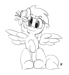 Size: 1280x1382 | Tagged: safe, artist:pabbley, imported from derpibooru, derpy hooves, pegasus, pony, cute, female, flower, flower in hair, mare, monochrome, poison joke, question mark, sitting, sketch, solo