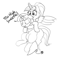 Size: 1280x1284 | Tagged: safe, artist:pabbley, imported from derpibooru, princess cadance, shining armor, pony, belly button, carrying, flying, grin, holding a pony, monochrome, scared, sketch, smiling, younger